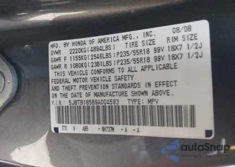 2009 Acura Rdx from USA, damaged, VIN 5J8TB18589A004593